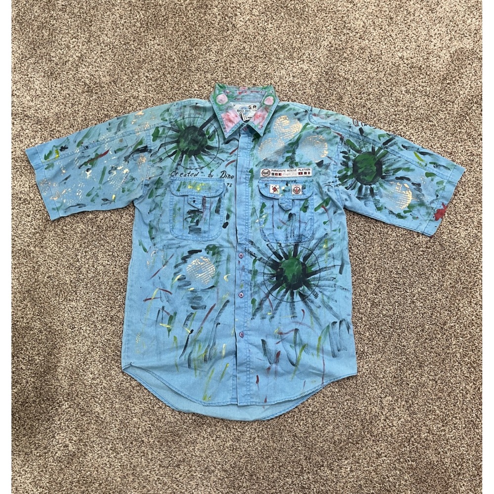 Vintage Bugle Boy Hand Painted Art Shirt Kids XL 18-20 Blue Parachute Rescue 93